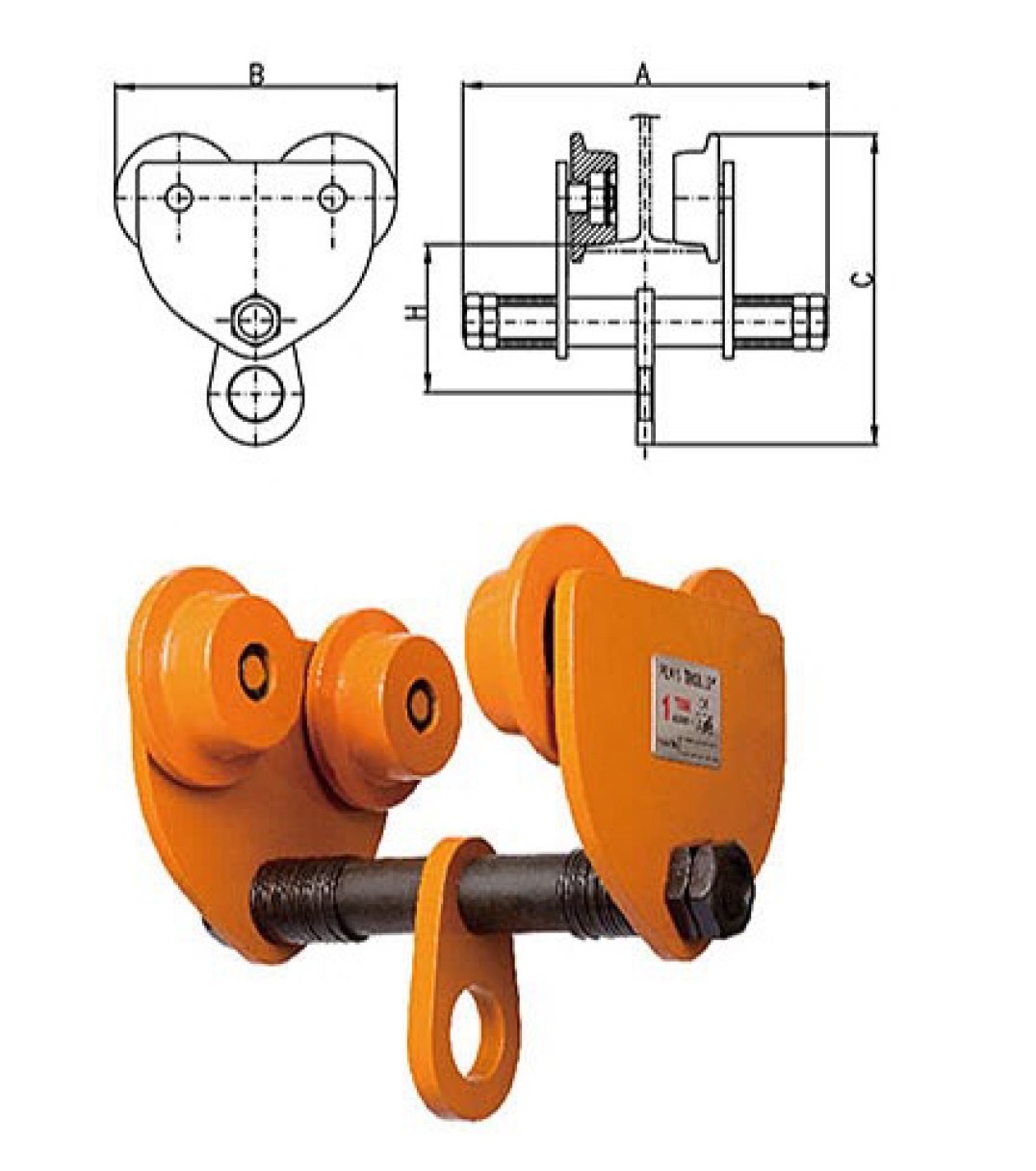 GCT610 Orange Chain Hoist Trolley , 10 Ton Manual Hoist Trolley